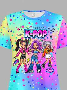 青少年女孩休閒簡約卡通女團印花 K-Pop 超級巨星 紮染短袖洋裝，適合夏季 - 彩色 - 查看 4