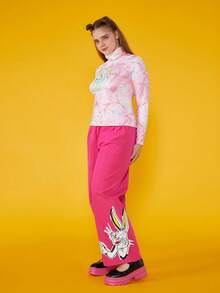 LOONEY TUNES X SHEIN 大碼卡通圖案闊腿褲 - 粉色 - 查看 3