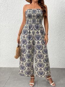 Breezaya Women's Spring/Summer Casual Boho Bohemian Vacation Bandeau Strapless Fitted Wide Leg Jumpsuit Beach Blue And White - Blue - View 1