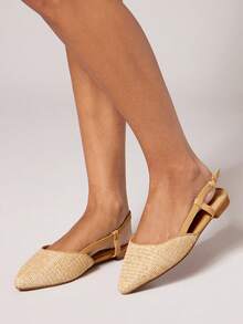 SHUZIA Women Comfortable Pointy Toe Flat Sling Back Raffia Flats For Christmas Valentine's Day - Beige - View 3