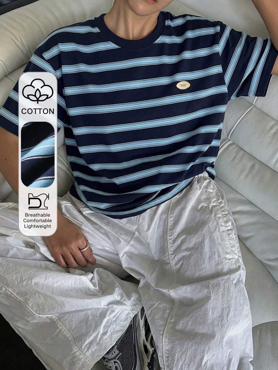 DAZY 女款休閒運動夏季上衣,拼色條紋寬鬆短袖圓領T恤,圖案印花T恤 - 藍色 - 查看 1