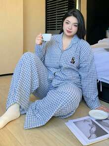 Dazy Plus 格子宽松睡衣套装，家居服套装，四季皆宜 - 藍白色 - 查看 5