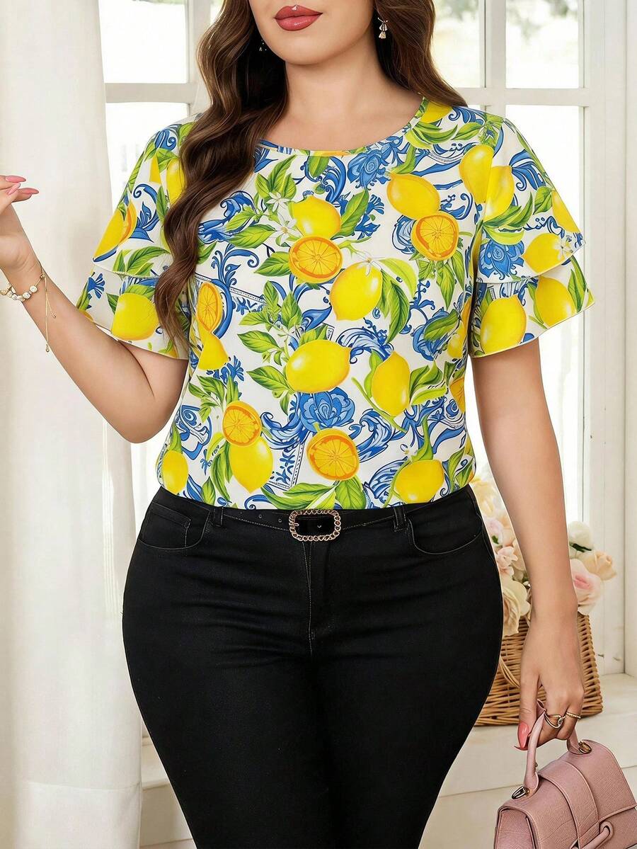 SHEIN Clasi 大尺碼夏季休閒檸檬印花襯衫 - 彩色 - 查看 1