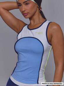 Sport Blue Scoop Neck Contrast Colour Panels Side Stripe Fitted Musera Sport Logo Tank Cami Top - Multicolor - View 2