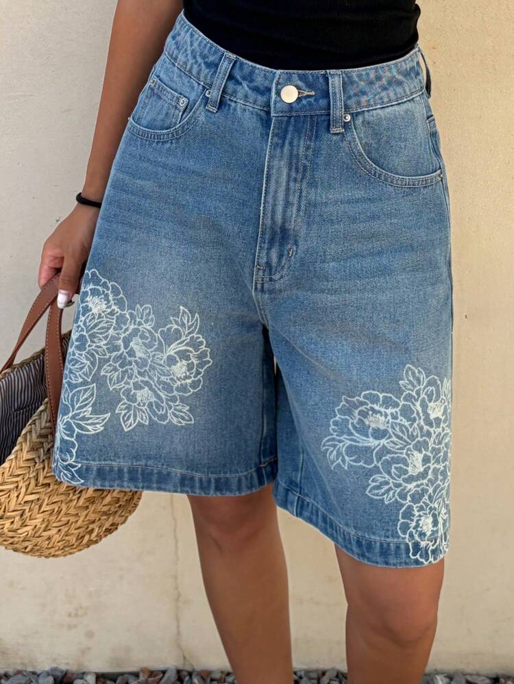 Women's Summer Printed Knee Length Loose Denim Shorts, Vacation Style