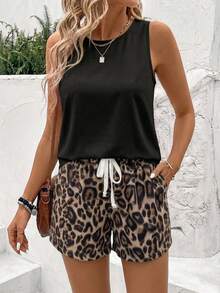 EMERY ROSE Vacation Style Casual Minimalist Black Solid Color Plus Size Women's Round Neck Tank Top And Brown Leopard Print Shorts 2pcs Set Suitable For Summer - Black - View 3