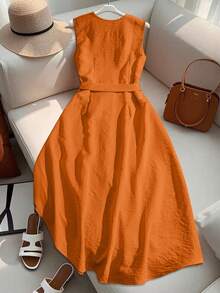 GlowEve CURVE Plus Size Round Neck Sleeveless Button Waist Belt Solid Color Long Elegant Casual Summer Commute Formal Vacation Dress For Women Orange - Orange - View 2