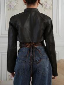 Criza Taa Women PU Leather Short Jacket,Fall Clothes - Brown - View 2