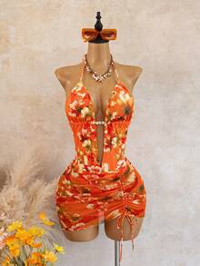 Swim SXY Bonvoyette 女款優雅性感紅色花卉兩件式比基尼套裝，花卉印花掛脖泳衣搭配透視網紗罩衫迷你裙，深 V 領 - 橘色 - 查看 2