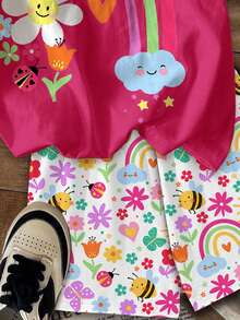 Young Girl Casual Minimalist Cute Childlike Floral Face, Rainbow, Insect, Butterfly Print Short Sleeve And Shorts 2-Piece Set, Suitable For Summer, Cozy Spring And Summer Styles - Multicolor - View 6