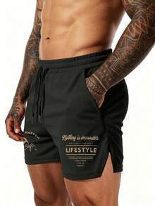 GymBeat Men's Workout Shorts Black Fabric Short Length With Letter Graphics Two Pieces, Gym - Black - View 4