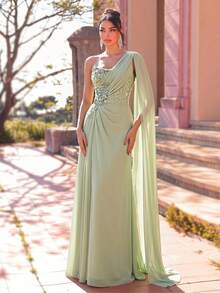 Aureia Abito elegante formale in chiffon verde salvia con perline e strass, scollo a bustier, steccato a pesce, scialle e linea ad A, per invitata a matrimonio, gala, ballo di fine anno, serata, addio al nubilato, estate - Verde - Visualizzare 6