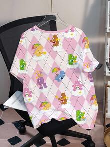 SHEIN X Care Bears Plus Size Women's Cartoon Print Round Neck Short Sleeve Casual T-Shirt - White - View 2