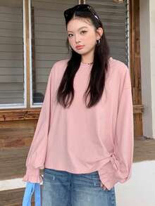 Dazy Plus Solid Color Casual Knit Round Neck Long Sleeve Bell Sleeve Teen Casual Pink Spring Summer Autumn Versatile Plus Size Women T-Shirt Cute Tops - Pink - View 5
