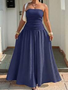 Muchica Gaun Pesta Liburan Elegan Tanpa Tali Warna Polos untuk Wanita Ukuran Plus, Biru Tua, Musim Panas - Navy Blue - View 1
