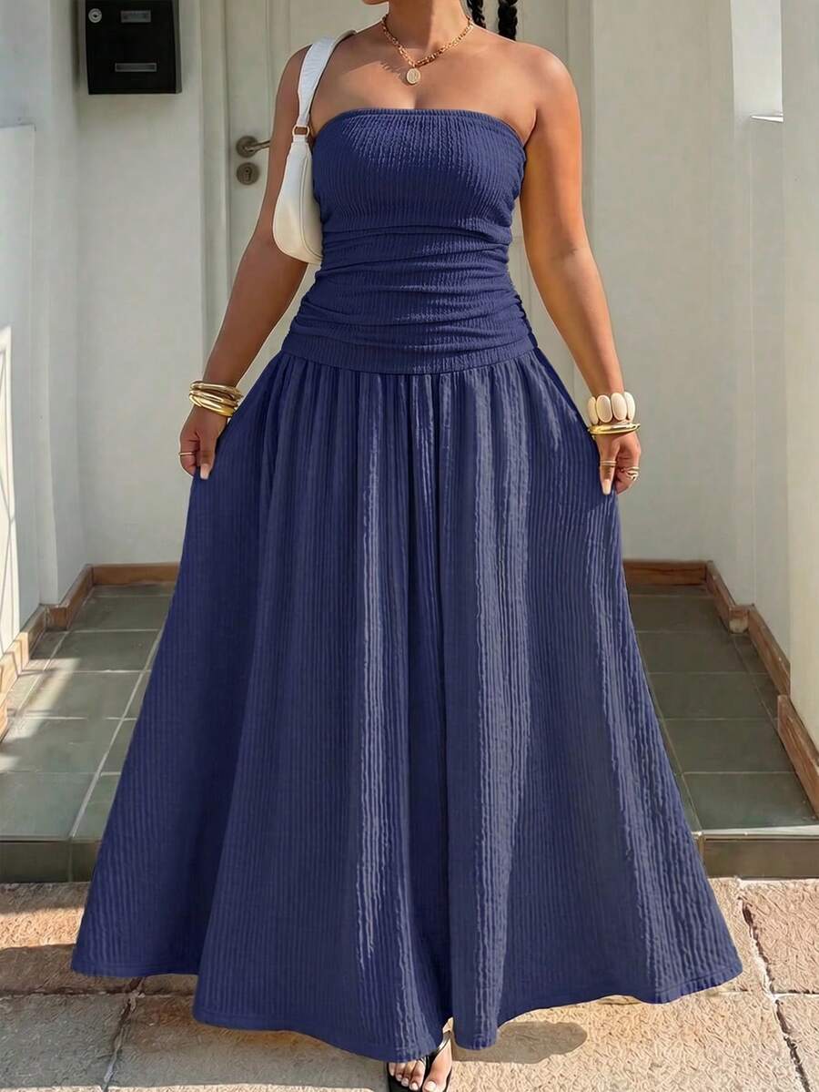 Muchica Gaun Pesta Liburan Elegan Tanpa Tali Warna Polos untuk Wanita Ukuran Plus, Biru Tua, Musim Panas - Navy Blue - View 1