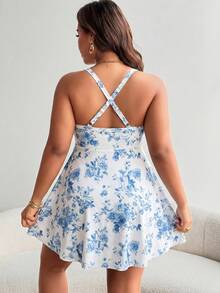 Swim Mod Women's Plus Size Ruffle Trim Tie Front Ruched Waist Dress And Swimsuit Set - Blue and White - View 2