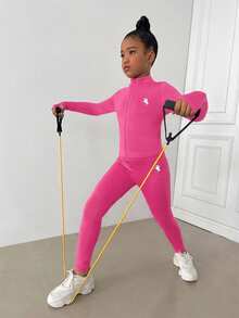 SHEIN Tween Girl 騎士印花拉鍊外套與緊身褲運動套裝 - 玫紅色 - 查看 5