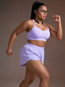 Powerista Plus Size Women Solid Color Camisole Top And Elastic Waist Shorts Casual Daily Sports Set - Purple - View 3