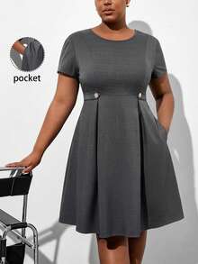Chikora Plus Size Women's Brown Baggy Solid Color Round Neck Pleated Elegant Formal Commuter Autumn Casual Dress Suitable For Summer Spring Office Evening - Grey - View 6