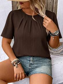 Momelise Plus Size Women's Casual Minimalist Solid Fold Pleated Short Sleeve Shirt, Summer - Brown - View 6