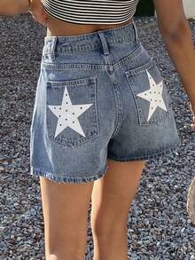 Shorts vaqueros casuales de verano para mujer con estampado de estrellas y lunares - Lavado ligero - Ver 6