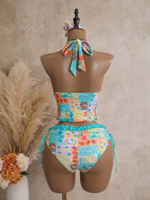 Swim Mod 夏季海灘女款兩件式黑白波點印花百褶荷葉邊上衣搭配雙側抽繩比基尼泳褲泳衣套裝 - 彩色 - 查看 2