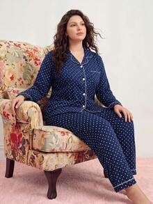 Elorette Plus Size Ditsy Floral Ruffle Collar Long Sleeve PJS Sleepwear Set , Fall & Winter Clothes Plus Size PJS Curve Plus PJS Plus Size Pijama For Women - Navy Blue - View 3