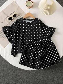 SHEIN Kids Tween Girl Fashion Casual Cute Knit Black And White Polka Dot Pattern Round Neck Short Sleeve Knit Striped Ruffle Sleeve T-Shirt And Striped Shorts 2pcs Set - Black - View 6