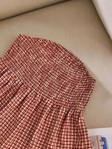 CosyJoli Plus Size Women's Vacation Plaid Shirred Bandeau Top - Red - View 5