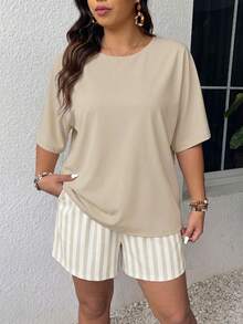 SHEIN Frenchy Summer New Vacation T-Shirt And Shorts Striped Print Plus Size Women's Two Pieces Set - White - View 5