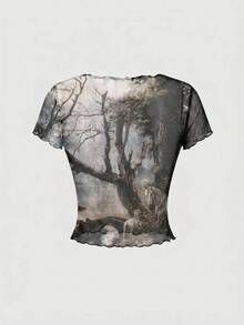 ROMWE Grunge Punk Blusa de mujer con estampado de figura vintage de estilo cortesano - Negro - Ver 2
