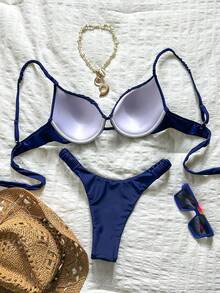 Bonvoyette Hard Cup Steel Support Spaghetti Strap Ruched Sexy Bikini Set - Navy Blue - View 2