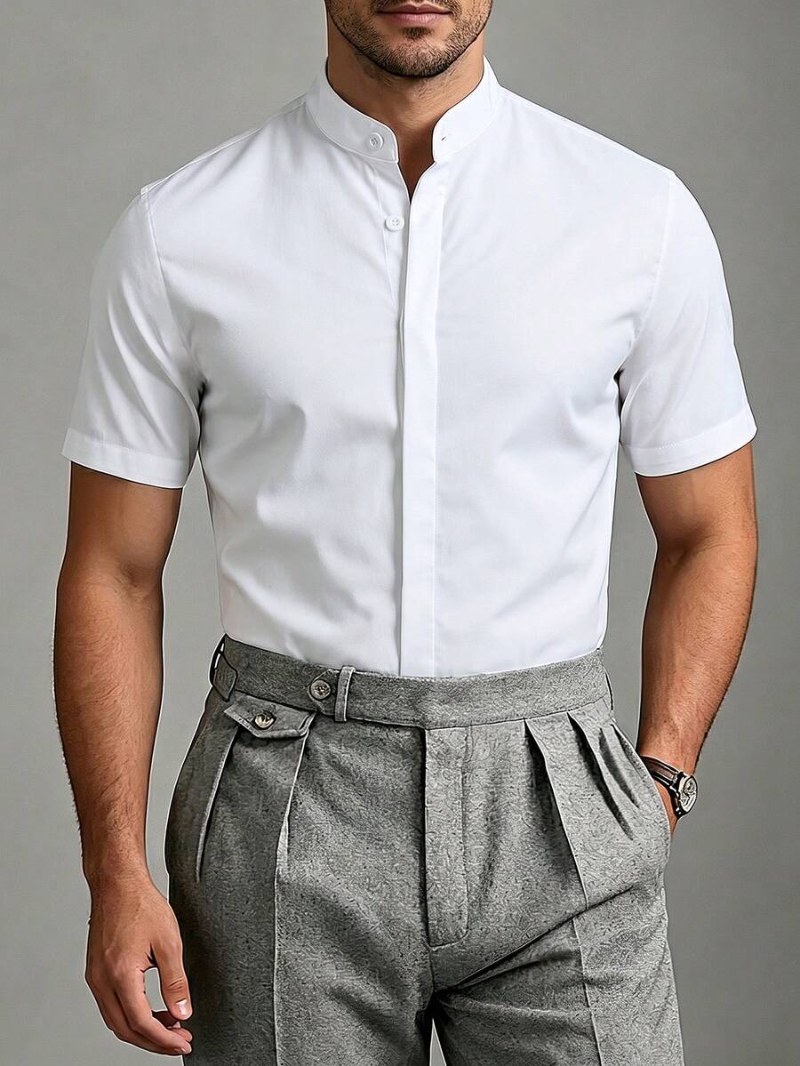 Manfinity Mode Men's Solid Color Single-Breasted Casual Versatile Daily Travel Short Sleeve Shirt, Formal - White - View 1