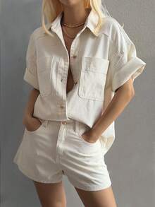 Livesso Spring Summer Loose Casual Street Style Denim Shirt Cardigan Off-White Top Valentine's Day Wedding Vacation Office Outdoor Straight Leg Jeans 2pcs - Beige - View 10
