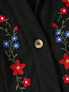 Skyraze 民俗復古刺繡鏤空露肩洋裝－波希米亞鄉村風，適合約會野餐日間、派對、暑假、度假，花卉黑色花卉 - 黑色 - 查看 3
