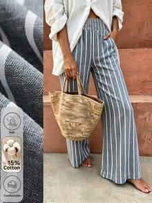 Flora Isola Flora Isola Standard Size Women's Waist Knot Design Blue White Stripe Fabric Pocket Casual Vacation Pants Vacation Autumn - Blue - View 1
