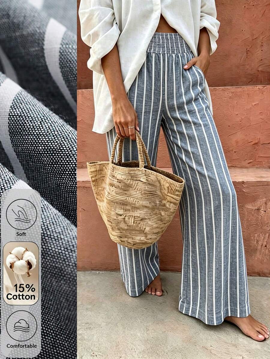 Flora Isola Flora Isola Standard Size Women's Waist Knot Design Blue White Stripe Fabric Pocket Casual Vacation Pants Vacation Autumn - Blue - View 1
