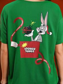 LOONEY TUNES X SHEIN Camiseta de manga corta con cuello redondo y estampado de dibujos animados navideños para mujer - Verde - Ver 9