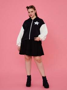 LOONEY TUNES X SHEIN Hơn Chữ cái & Đồ họa hoạt hình Thả vai áo có mũ Áo khoác - Đen và trắng - Xem 3