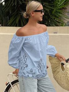 DAZY Women's Loose Off Shoulder Long Sleeve Hollow Embroidery Casual Vacation Summer Top Blouse - Baby Blue - View 3