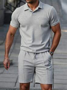 Manfinity Homme Men's Light Grey Summer Casual Streetwear Vacation Fashion V-Neck Sports Short Sleeve & Shorts Set,Soft Comfortable Fabric,Outdoor Fitness Daily Wear - Light Grey - View 1