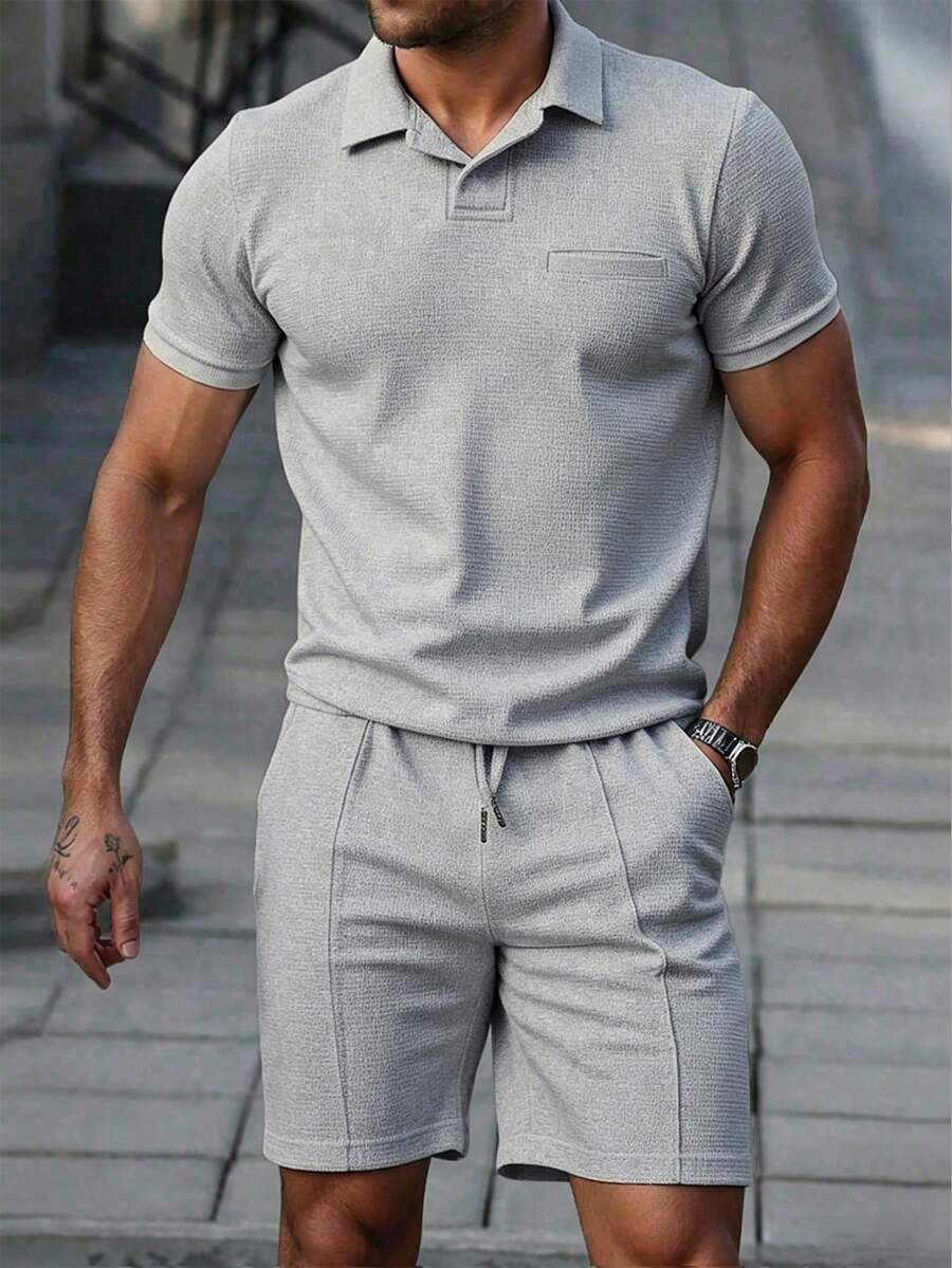 Manfinity Homme Men's Light Grey Summer Casual Streetwear Vacation Fashion V-Neck Sports Short Sleeve & Shorts Set,Soft Comfortable Fabric,Outdoor Fitness Daily Wear - Light Grey - View 1