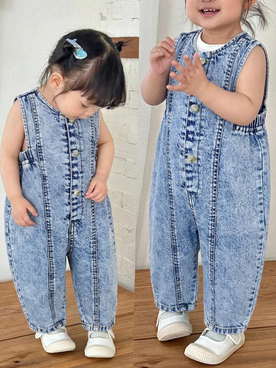 SHEIN 女嬰深藍色牛仔無袖白色條紋連身錐形長褲 - 淺色水洗藍 - 查看 1