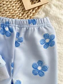 SHEIN Playful Pals 女嬰長袖圓領荷葉邊飾簡約休閒印花外套與長褲套裝 - 藍色 - 查看 6