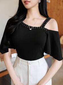 DAZY Women's Summer Asymmetrical Shoulder Design Rivet Decor Fitted Casual Elegant Pullover T-Shirt - Black - View 6