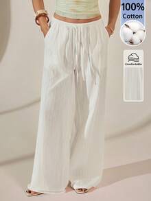 SHEIN Tall 女款休閒條紋抽繩腰長褲，100%純棉舒適面料，適合夏季，高個女性 - 白色 - 查看 7