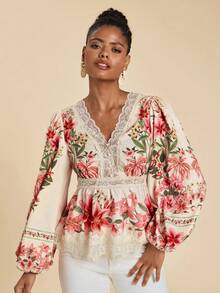 Travachic Women's Vacation Elegant Autumn Floral Print Contrast Lace Blouses - Pink - View 4