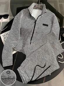 Franclia Plus Size Fitted Stand Collar Raglan Sleeve Cardigan + Slant Pocket Straight Leg Pants - Black and White - View 1