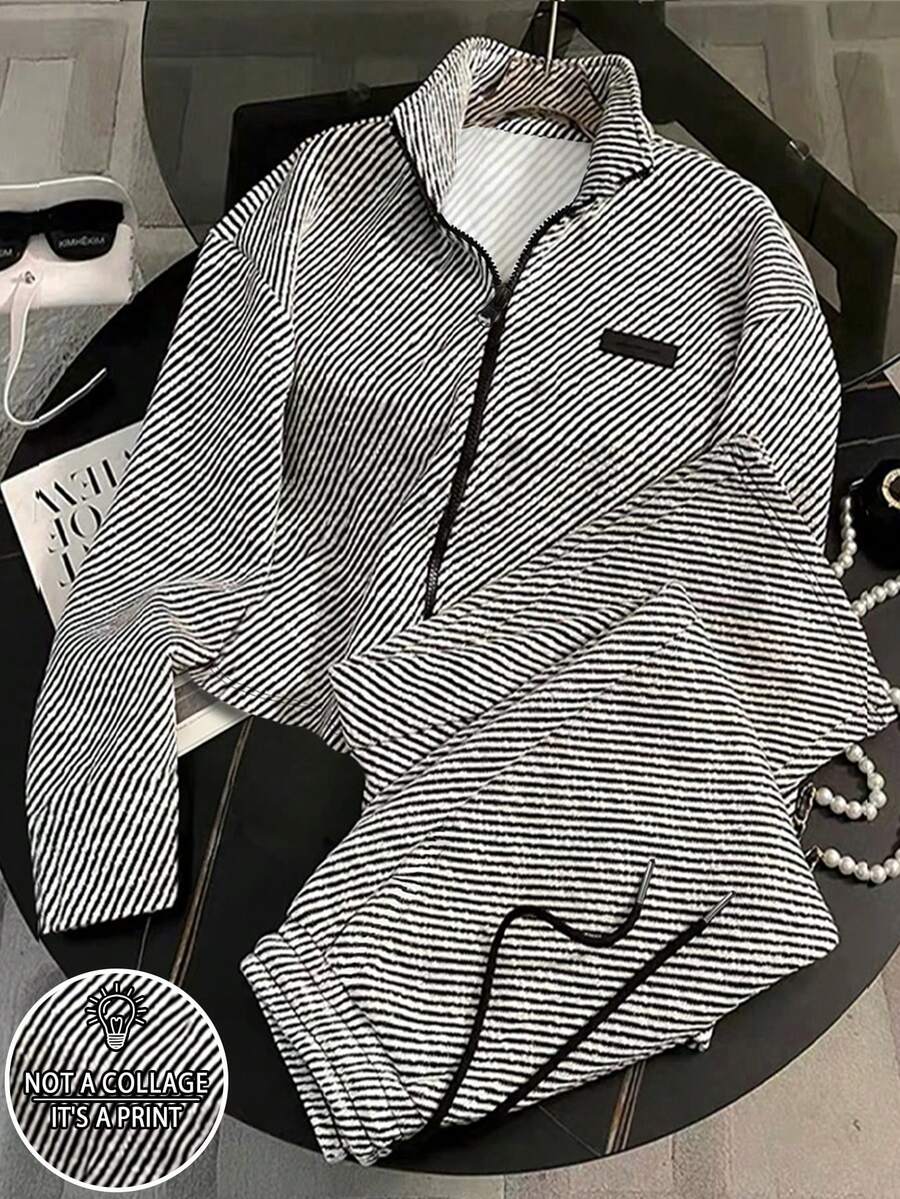 Franclia Plus Size Fitted Stand Collar Raglan Sleeve Cardigan + Slant Pocket Straight Leg Pants - Black and White - View 1